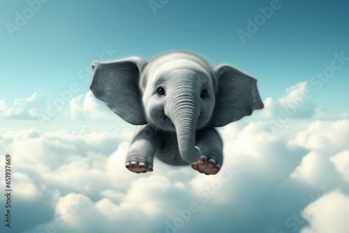 Ethereal Baby elephant in clouds. Cute animal love. Generate Ai