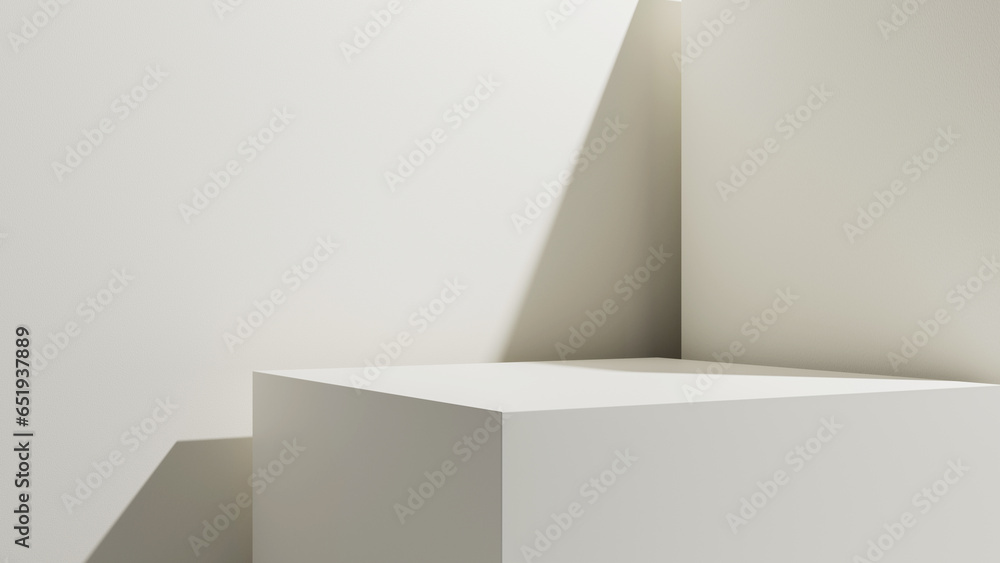 Empty geometric design interior forms, place with empty space - table and stage, empty blank plaster walls and shapes with soft light and shadow, table for product placement or design solutions - obrazy, fototapety, plakaty 