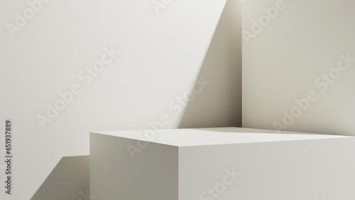 Empty geometric design interior forms, place with empty space - table and stage, empty blank plaster walls and shapes with soft light and shadow, table for product placement or design solutions