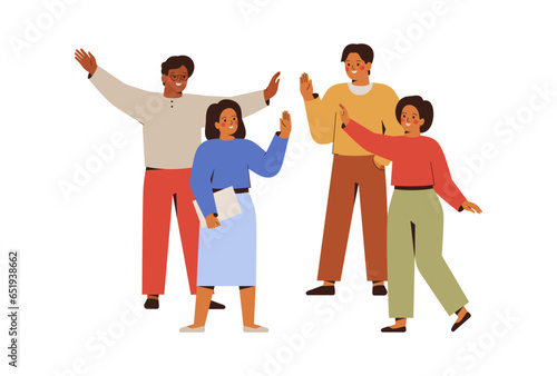 Business partners giving high-five or make greeting gesture. Young men and women clap palms together as cohesion and support. Friendship amd teamwork concept. Vector illustration