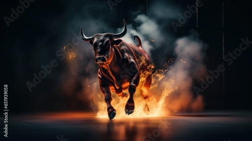 Bull running on fire. Business bull market concept. Ai generated