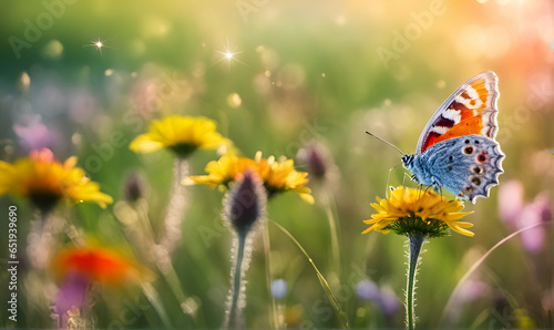 Beautiful natural floral background with field full of flowers in bloom and flying butterfly