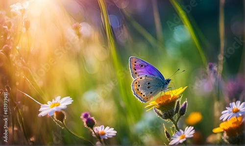 Beautiful natural floral background with field full of flowers in bloom and flying butterfly