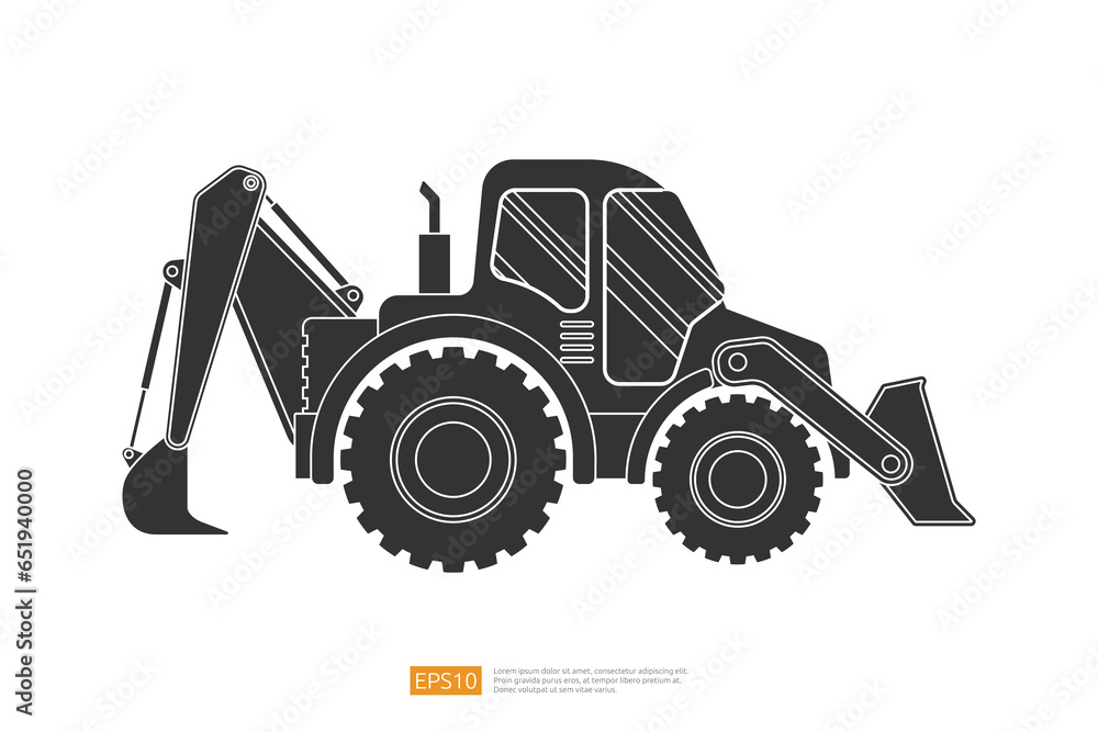 end loader vehicle flat cartoon. bulldozer quarry machine. stone wheel Silhouette digger. backhoe front loader truck. work tractor excavator. vector illustration.