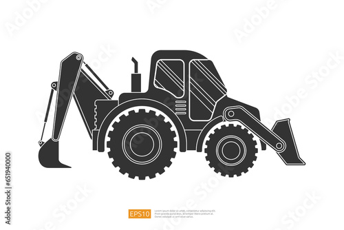 end loader vehicle flat cartoon. bulldozer quarry machine. stone wheel Silhouette digger. backhoe front loader truck. work tractor excavator. vector illustration.