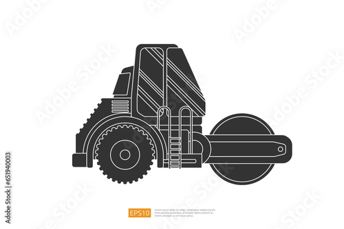 road roller Silhouette heavy equipment. isolated road grader asphalt compactor. Flat style steamroller Isolated on white clean background. Vector illustration