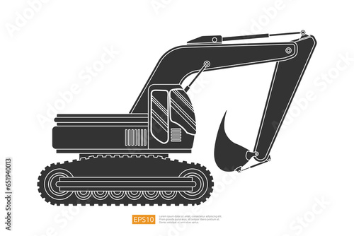 side view Silhouette excavator with a bucket vector illustration on white background. Isolated big heavy machinery equipment vehicle. Diesel digger flat cartoon construction and mining car icon