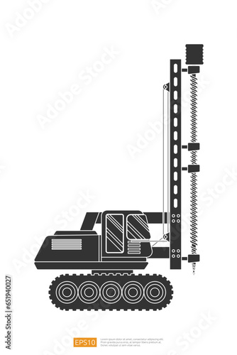 side view Silhouette Track Drilling Machine vector illustration on white background. Isolated big heavy machinery equipment vehicle. Drilling Tractor cartoon construction and mining Industry car icon
