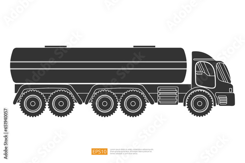 Gas, oil, fuel container Silhouette truck illustration on white background. Isolated transportation gasoline tanker truck car. commercial vehicle flat vector