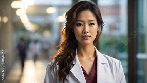 A professional and compassionate woman doctor, her white medical coat standing out against the blurred backdrop of a busy hospital, representing healthcare excellence