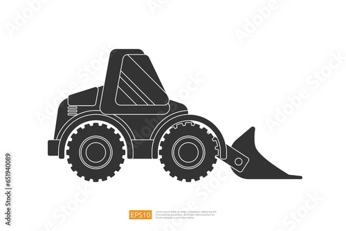 end loader vehicle flat cartoon. bulldozer quarry machine. stone wheel Silhouette digger. backhoe front loader truck. work tractor excavator. vector illustration.