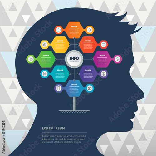 Diagram. Business presentation concept with 8 options and icons. Vector info graphic of technology or education process. Presentation Template with pattern.