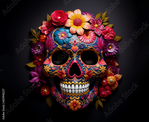 Day of the Dead Sugar skull in flowers. Dia de los Muertos traditional decoration isolated on black background. 