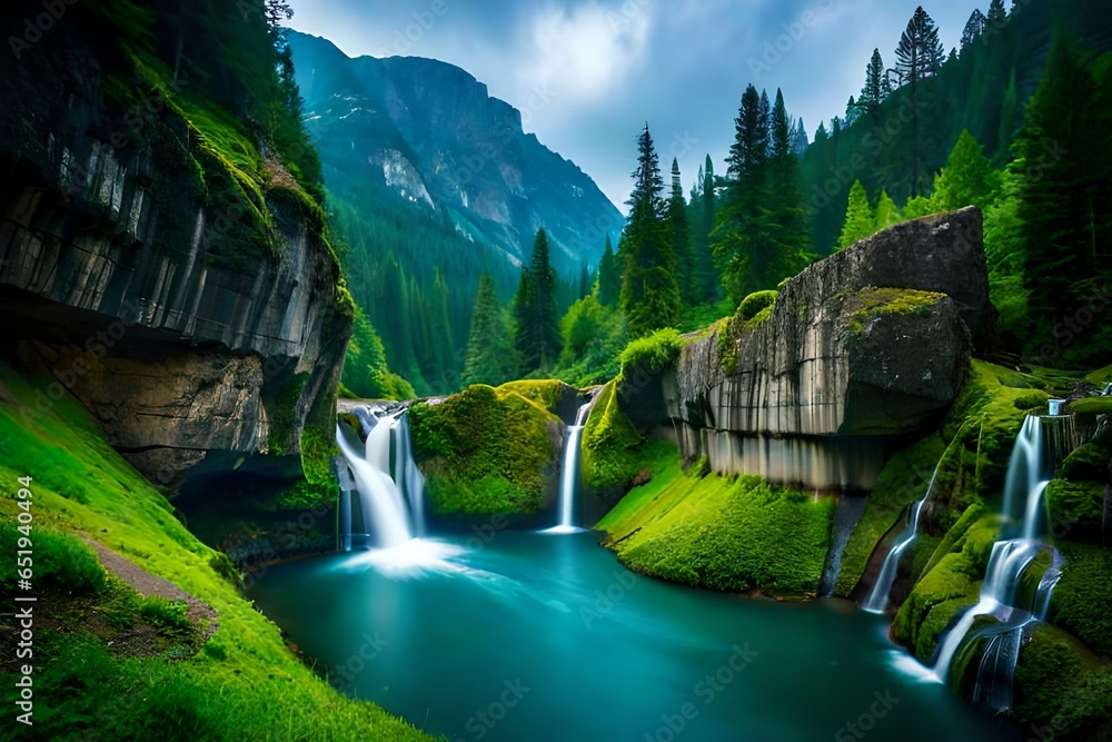 water fall from lush green surface with white shinning water luxarious and lush greenary for the eyes water fall from lush green surface with white shinning water luxarious and lush greenary for the eyes