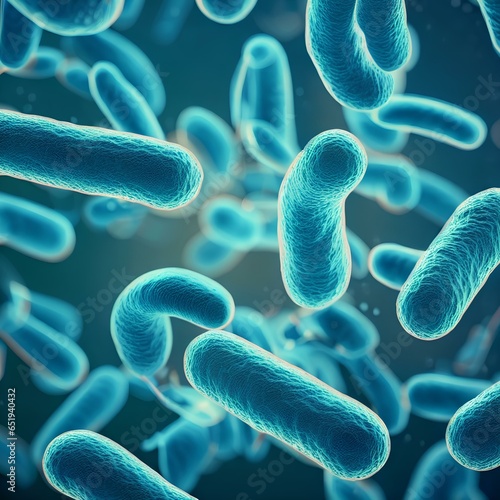 The bacteria cells are rod-shaped and are floating in a liquid environment. The cells are different sizes and are scattered throughout the image photo