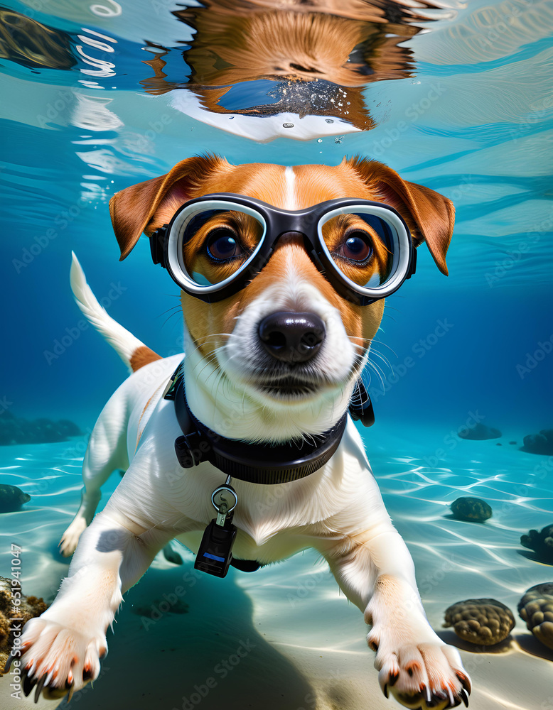 a jack russel terrier with scuba glasses diving underwater - generative ai