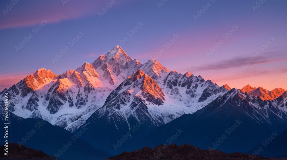 The twilight sky above the mountain is a breathtaking canvas of fiery oranges and deep blues. The twilight sky above the mountain is a breathtaking canvas of fiery oranges and deep blues.