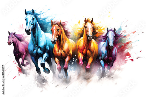 Image of herd of colorful horses is running on white background. Wildlife Animals. Generative AI. Illustration.