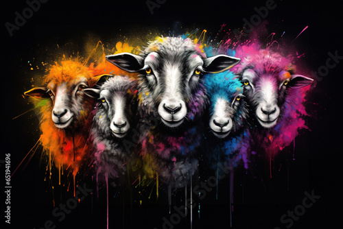 Image of herd of colorful sheep on black background. Farm animals. Generative AI, Illustration.