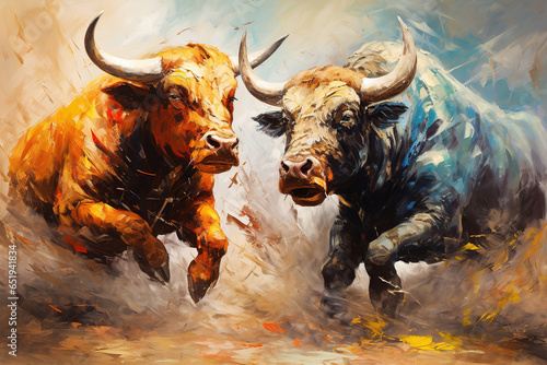 Beautiful paintings two bulls are fighting fiercely. Wildlife Animals, Generative AI, Illustration.