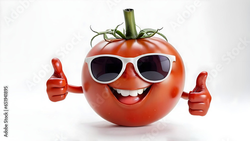 Happy Tomato character wearing sunglasses gives thumbs up, funny cartoon tomato character showing thumbs up with white background