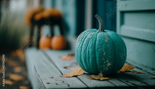 Beautiful teal pumpkin on the cozy porch in the fall. Halloween decor. Food allergy awareness for kids. Symbolic.