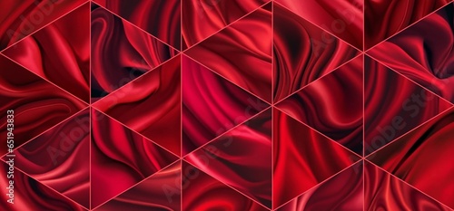 Red fabric texture mosaic collage. Wavy silk triangle drapery background. Decorative banner AI graphic.