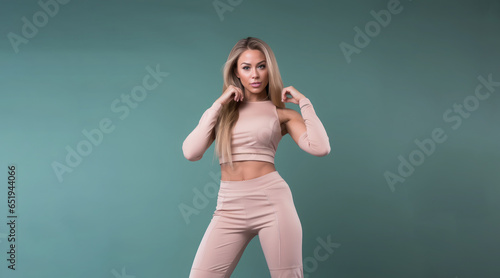 Generative AI, athletic young woman with a slim figure in a fitness suit on a color background, sport, training, yoga, gymnastics, pilates, running, gym, aerobics, healthy lifestyle, sports club, girl