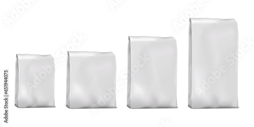 Folding top food bag packaging vector mock-up set. White blank pouch package mockup kit