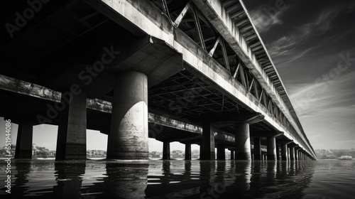 A black and white photograph of a bridge over a river photo