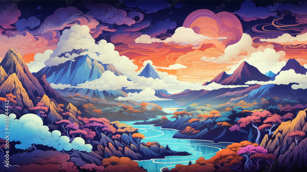 mountain and moon views, smoky planet painting filled with colorful