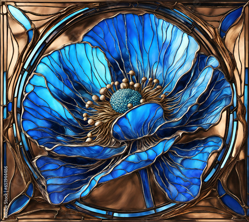 Bright colored blue poppy flower, abstract painting in stained glass style