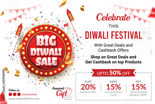 big diwali sale banner design with red retro light sign vintage style on white background