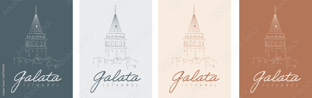 Istanbul and Galata Tower line illustration vector, 4 different backgrounds. Translation: 