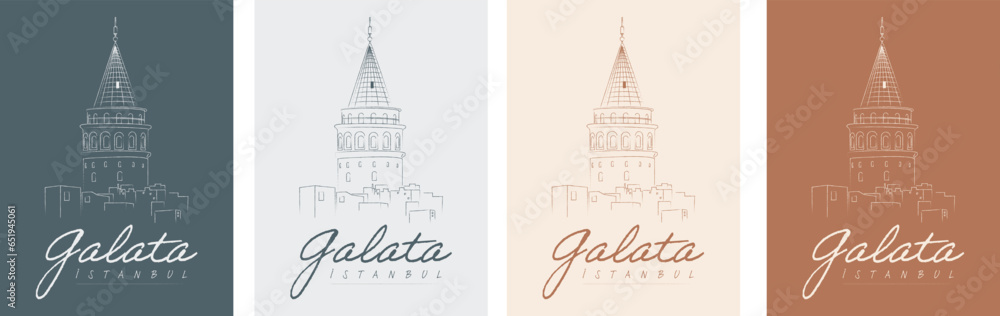Naklejka premium Istanbul and Galata Tower line illustration vector, 4 different backgrounds. Translation: 