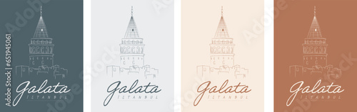 Istanbul and Galata Tower line illustration vector, 4 different backgrounds. Translation: "Galata, Istanbul"