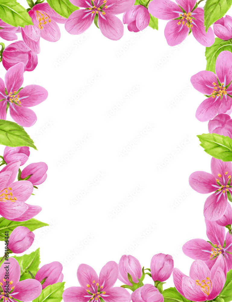 Spring floral frame with apple pink flowers, buds, green leaves. Watercolor clipart for greeting card or invitation.