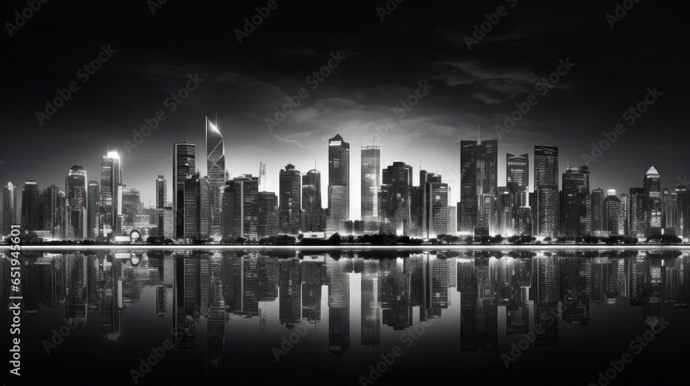 A black and white photograph of a city skyline at night