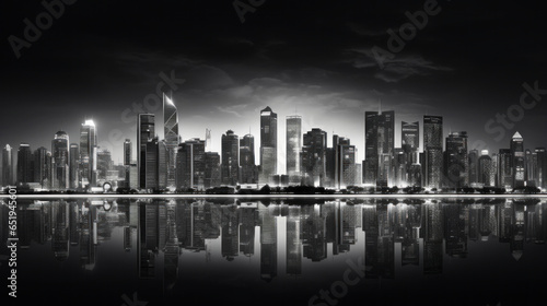 A black and white photograph of a city skyline at night