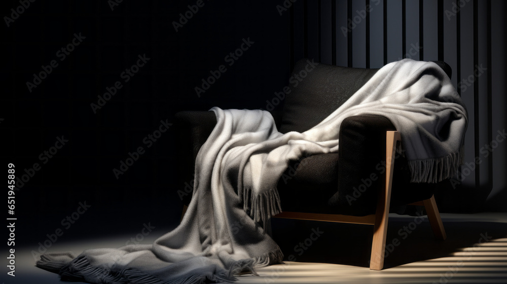 A black chair with a white blanket draped across