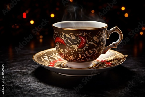 Ornate Christmas tea or coffee cup. Drink decor. Generate Ai