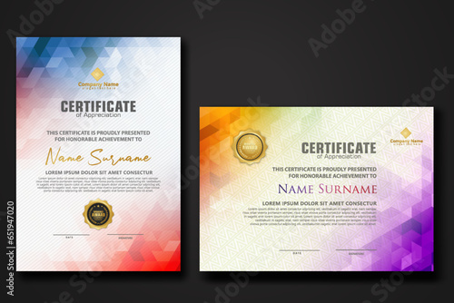Set modern certificate template with gradation colorful polygon shape ornament