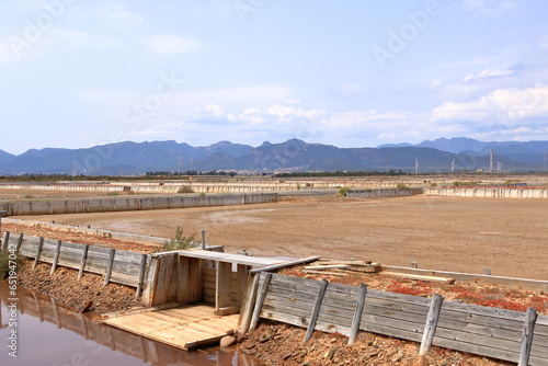 View of the cannels and work in salt pans near Cagliari, Italy