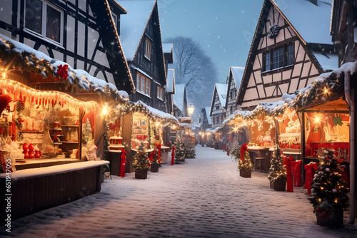 Christmas market at dusk. The market stalls are decorated with lights and festive decorations, creating an inviting atmosphere