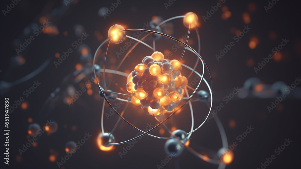 Subatomic particles within the atom, a fundamental concept in physics, portrayed in a 3D-rendered image - obrazy, fototapety, plakaty 