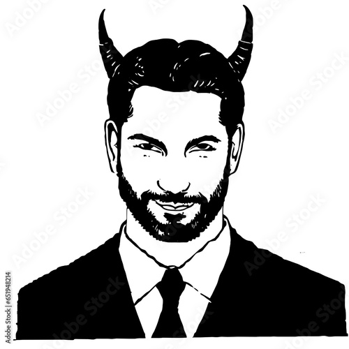 Devil businessman. Black and white vector illustration of a bearded man with horns.