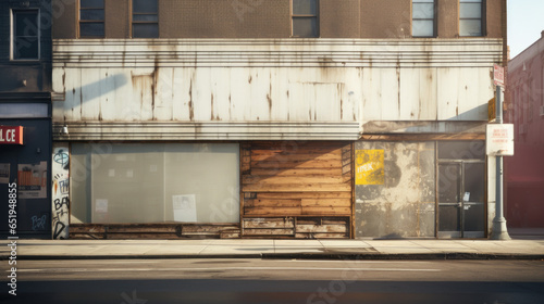 A boarded-up storefront with fading posters, reflecting economic decline in the community 
