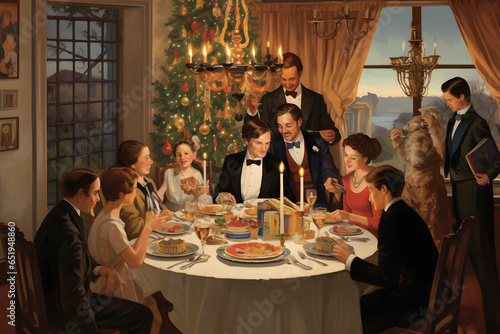 family dinner with many menus and antique room decorations, paintings of happy families