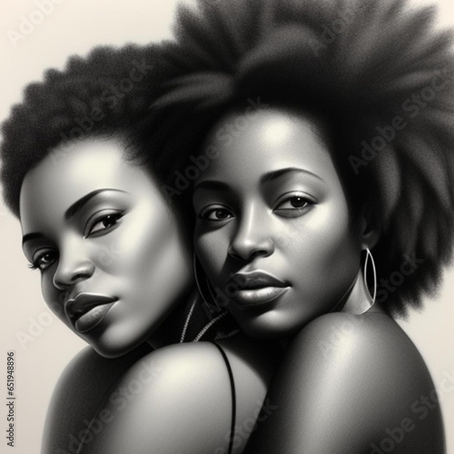 Fine graphic pencil art style of romantic same gender black female relationship part of the LGBT community. Generative AI