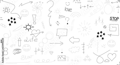 Doodle cute glitter pen line elements. Doodle heart, arrow, star, sparkle decoration symbol set icon. Simple sketch line style emphasis, attention, pattern elements. Vector illustration.